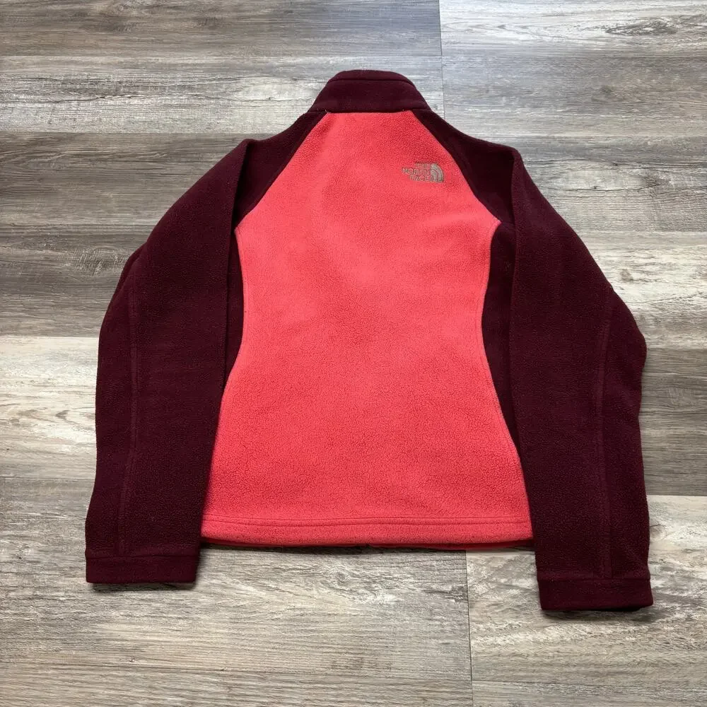 The North Face Maroon Coral Color Block Womens S Fleece Full Zip Collared Jacket